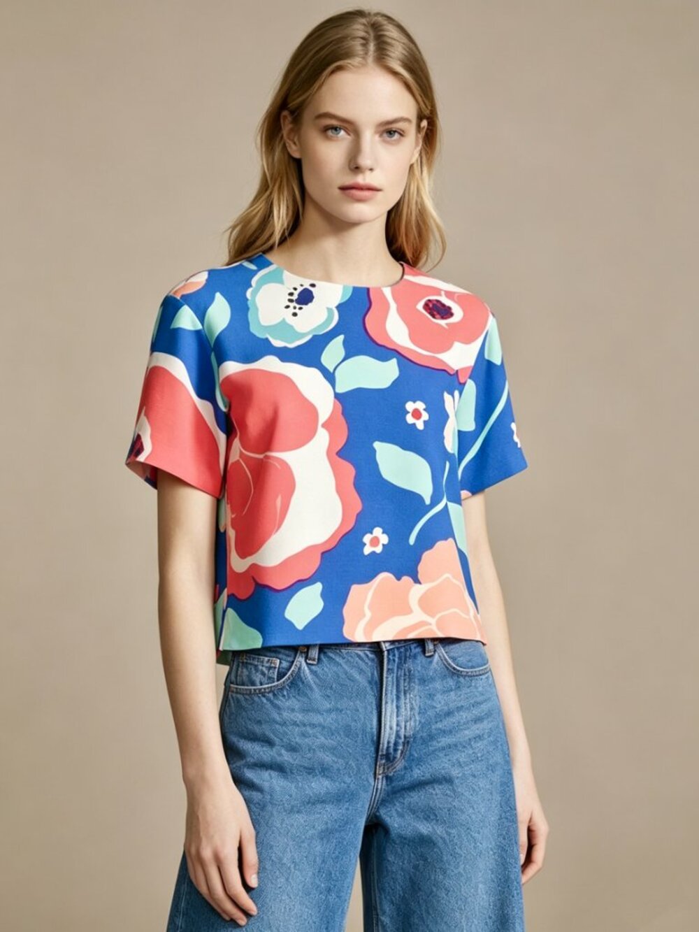 NWOT Kate Spade Blue Cream Red Floral Print Short Sleeve Top Women's Size 0